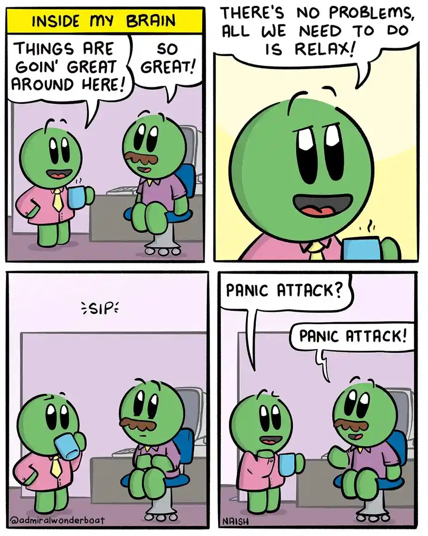 A four-panel comic strip featuring two green, round-headed cartoon characters in an office setting. The first panel shows…