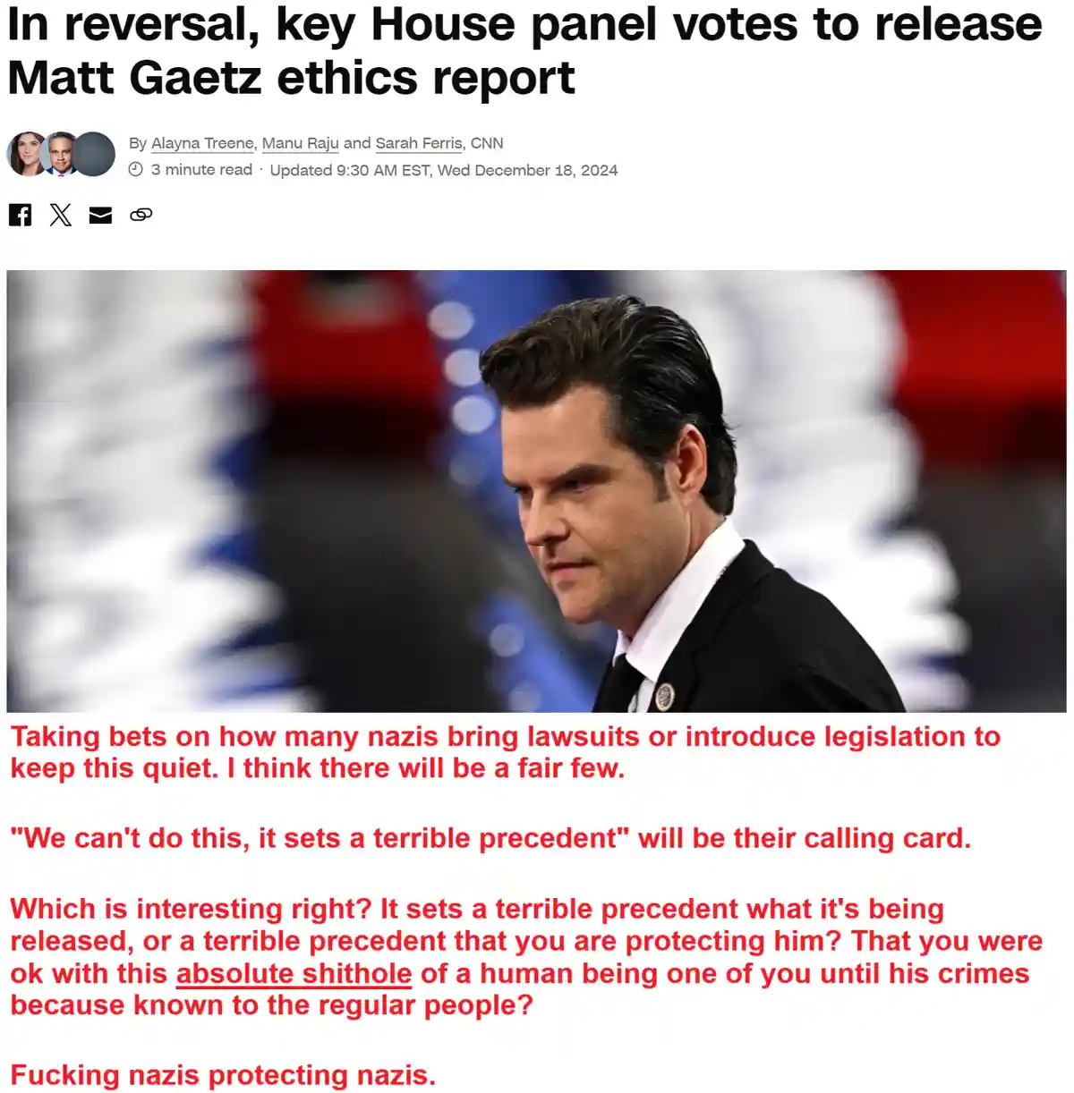 A screenshot of a CNN news article about a House panel voting to release Matt Gaetz's ethics report, overlaid with red text…