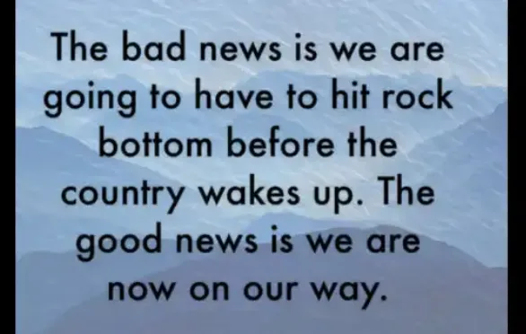 A mountainous landscape with a blue tint and visible texture overlays black text that reads: 'The bad news is we are going…