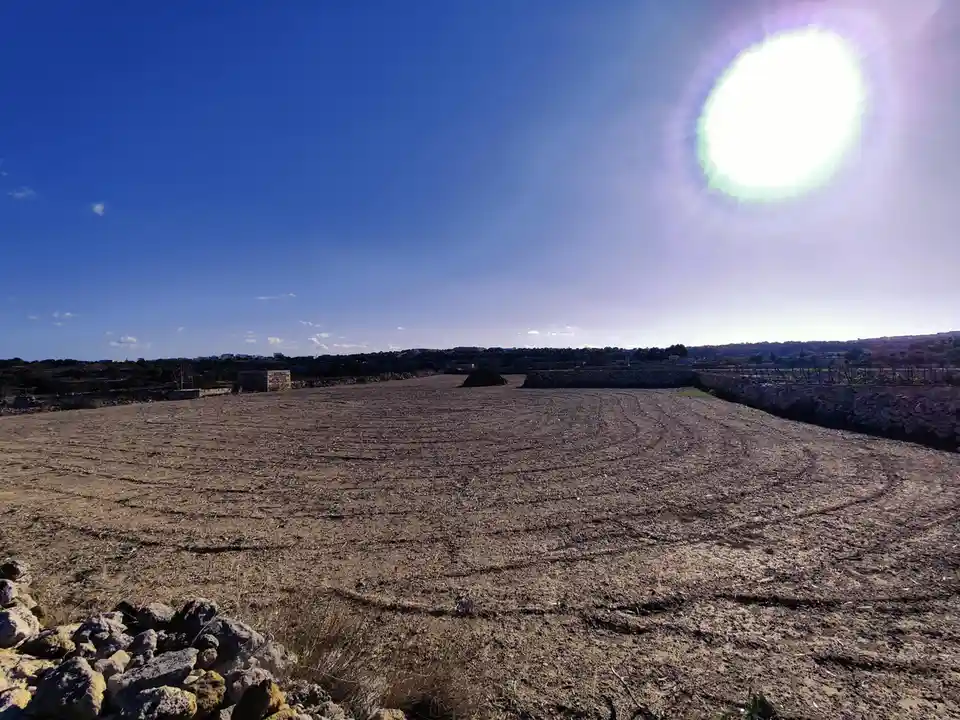 A wide shot of a dry, tilled field under a bright, glaring sun with lens flare, bordered by low stone walls and distant…