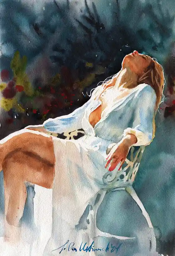A watercolor painting depicts a woman reclining in a chair with her head tilted back and eyes closed, appearing serene or…