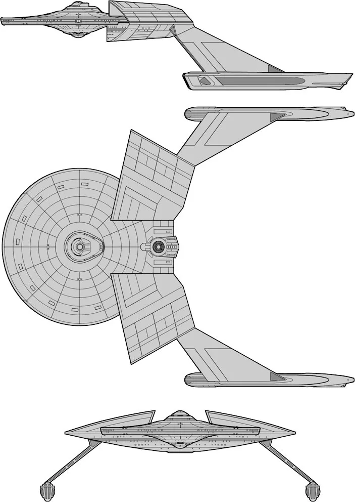 A technical line drawing of a starship, likely from Star Trek, shown in multiple views: top, bottom, side, and front. The…