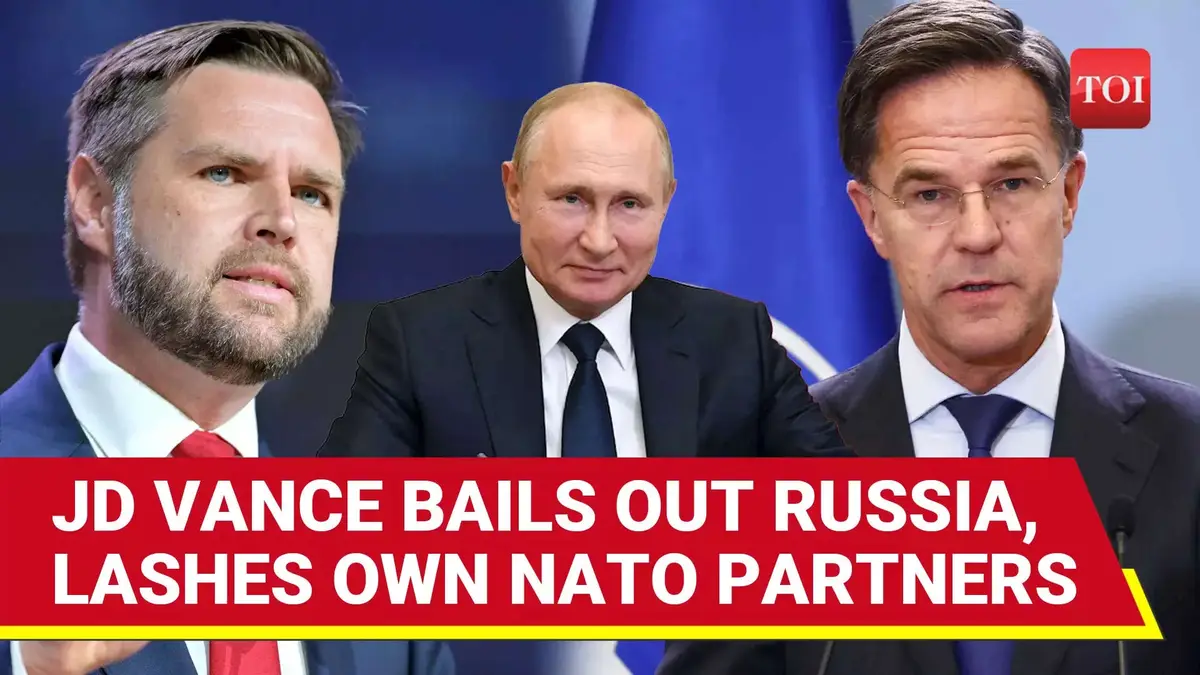 The image displays three men in suits: JD Vance on the left, Vladimir Putin in the center, and Mark Rutte on the right. A…