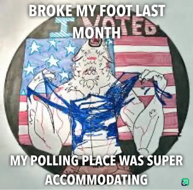 A crudely drawn cartoon of a muscular, bearded man in a torn blue shirt stands in front of an American flag background. The…