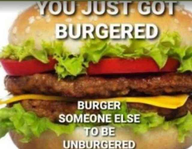 A close-up image of a double cheeseburger with lettuce, tomato, and beef patties. White bold text at the top reads 'YOU JUST…