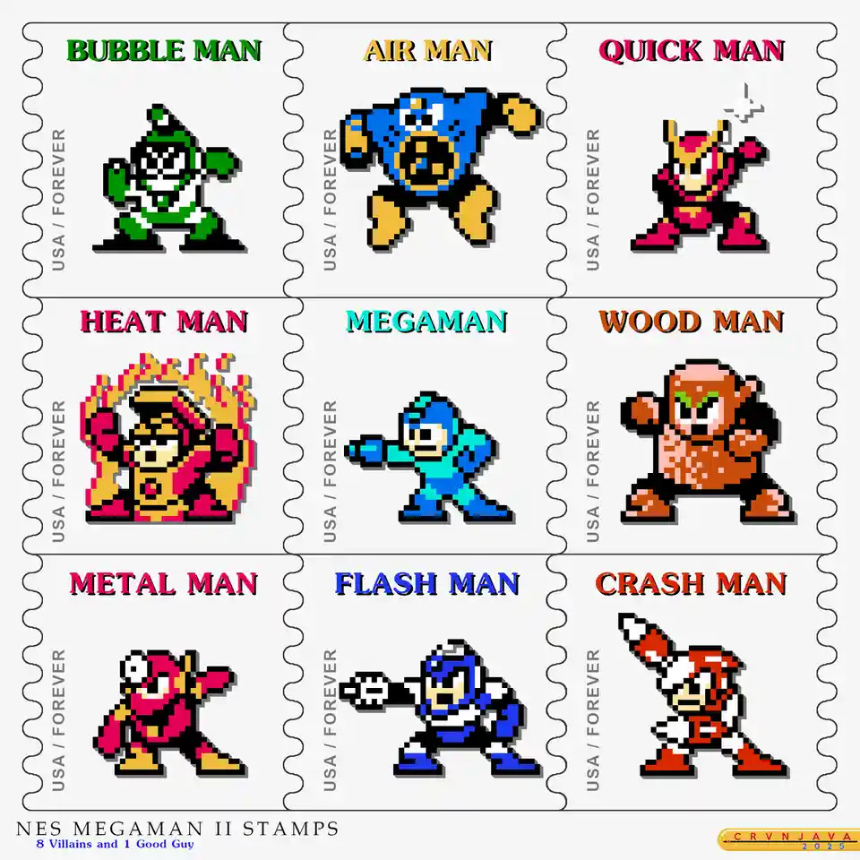 The image displays nine postage stamp-style panels arranged in a 3x3 grid, each featuring a pixelated character from the NES…
