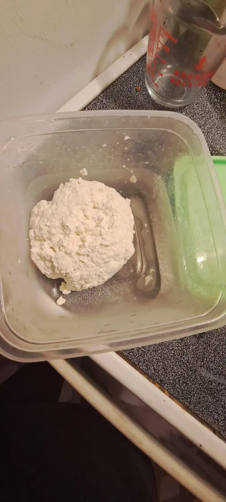A close-up photo shows a lumpy, white, brain-like mass of ricotta cheese sitting in a clear plastic container with some…