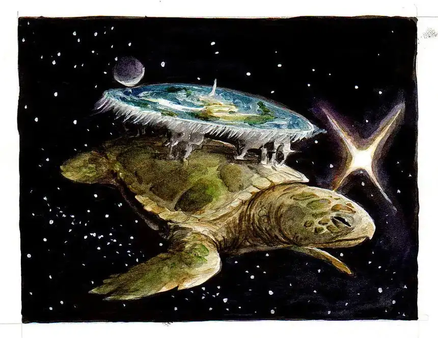 A watercolor painting depicts a large sea turtle swimming through a starry night sky, carrying a miniature planet on its…