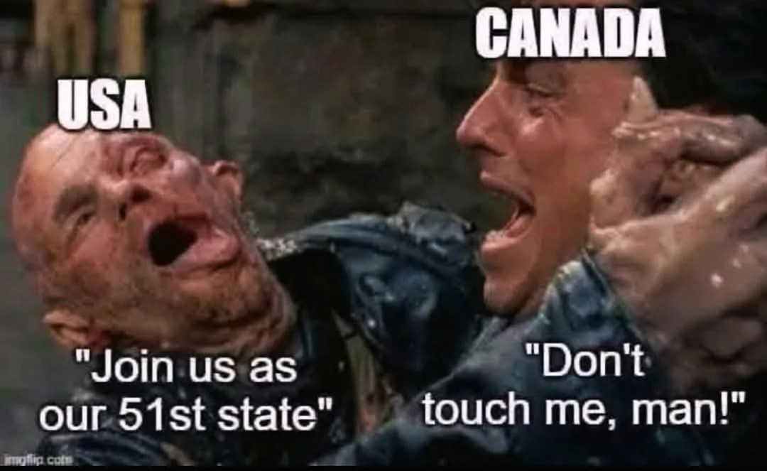 A still from a movie shows two men in a violent struggle. The man on the left, labeled 'USA', is screaming with his mouth…