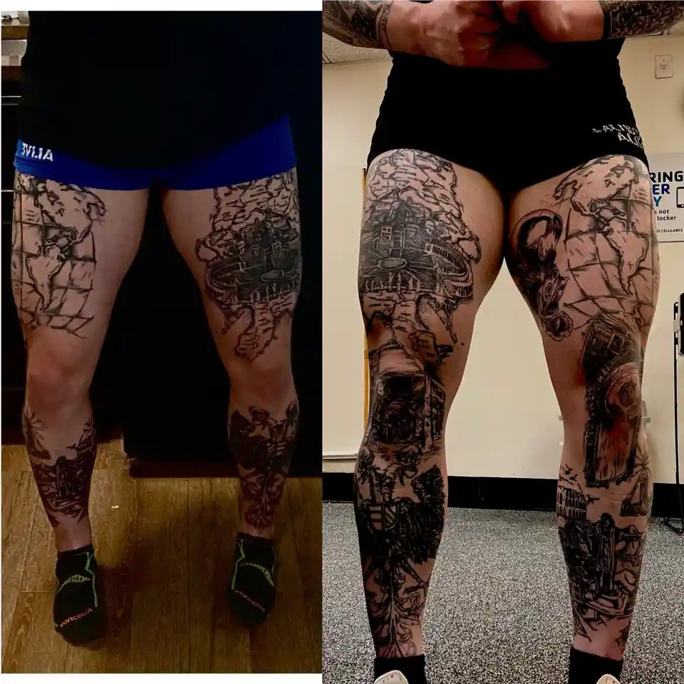 A split image shows a person's legs with tattoos before (left) and after (right). The before image shows a simple world map…