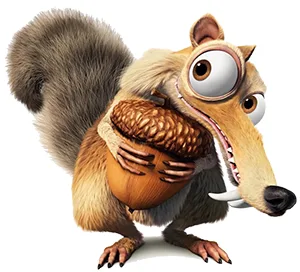 A cartoon squirrel with wide eyes and a panicked expression clutches a large acorn tightly to its chest. The squirrel has a…