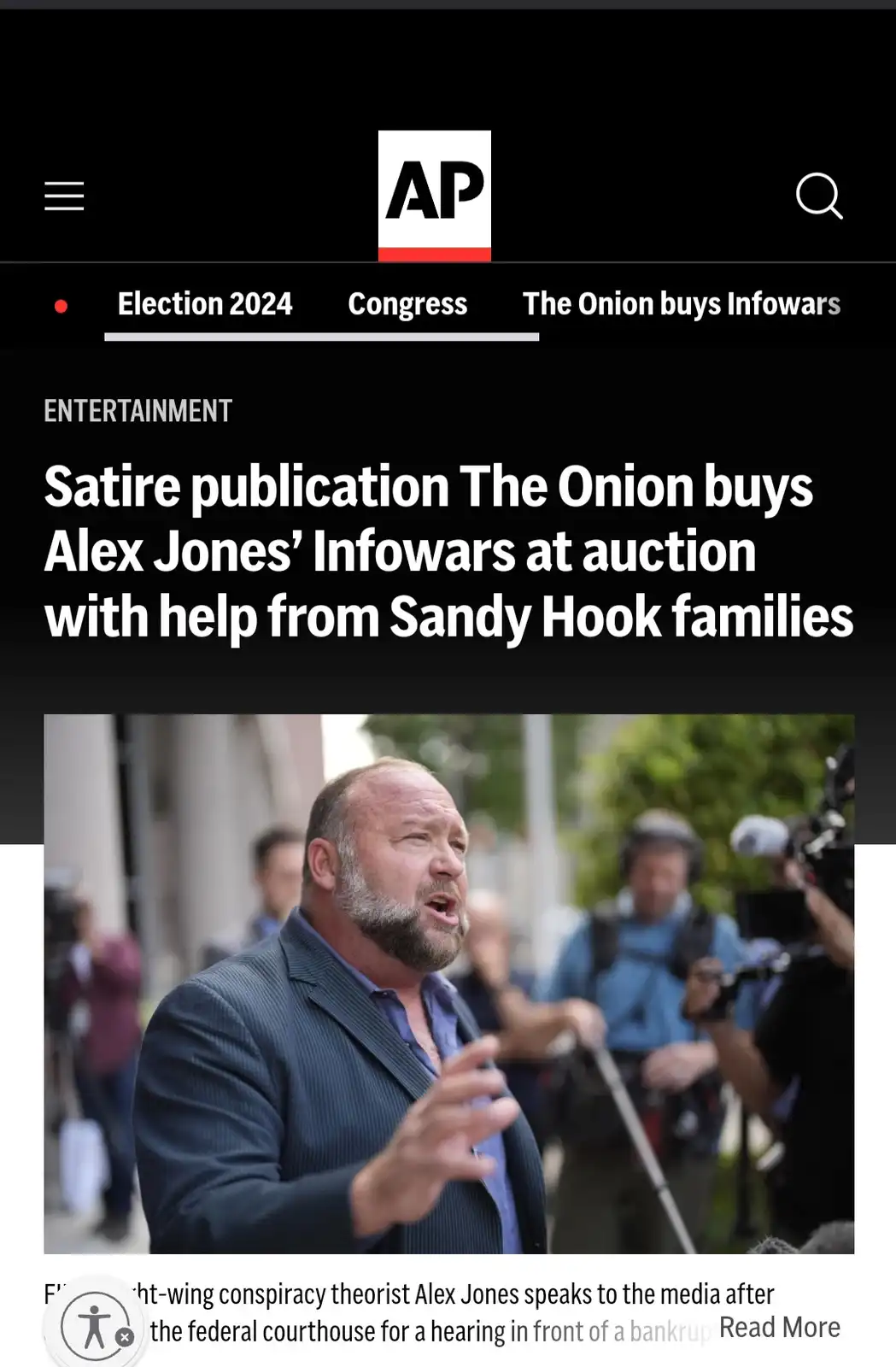 The image shows a screenshot of an AP news article with a headline that reads 'Satire publication The Onion buys Alex Jones'…