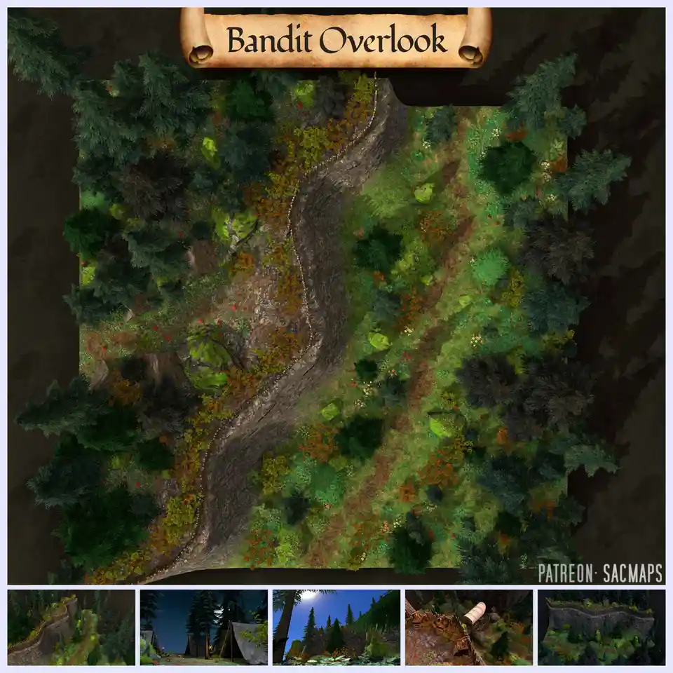 An overhead fantasy map titled 'Bandit Overlook' shows a winding stone path through a dense forest with varied foliage and…