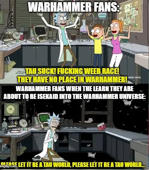 The image is a two-panel meme using Rick and Morty characters. The top panel shows Rick and Morty excitedly cheering with…