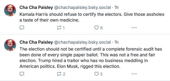 Two consecutive social media posts from a user named 'Cha Cha Paisley' are shown. The first post says 'Kamala Harris should…