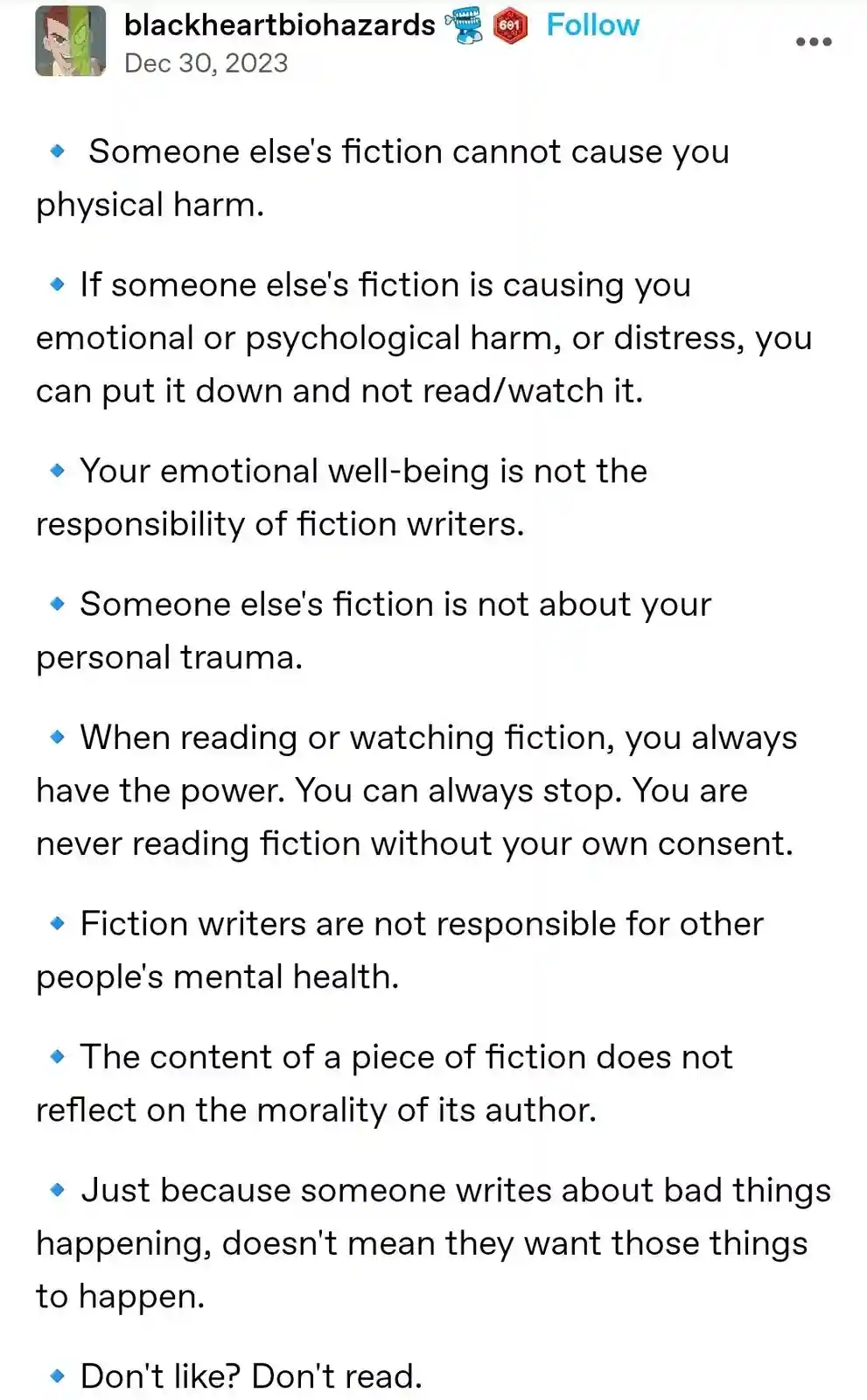 A screenshot of a social media post by 'blackheartbiohazards' dated Dec 30, 2023, displaying a list of bullet points in…