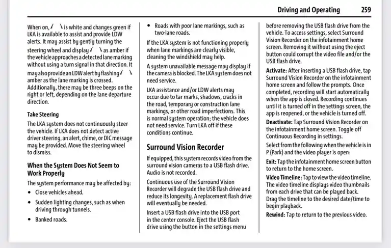 A page from a car manual titled 'Driving and Operating' lists reasons why the LKA (Lane Keeping Assist) system may not…
