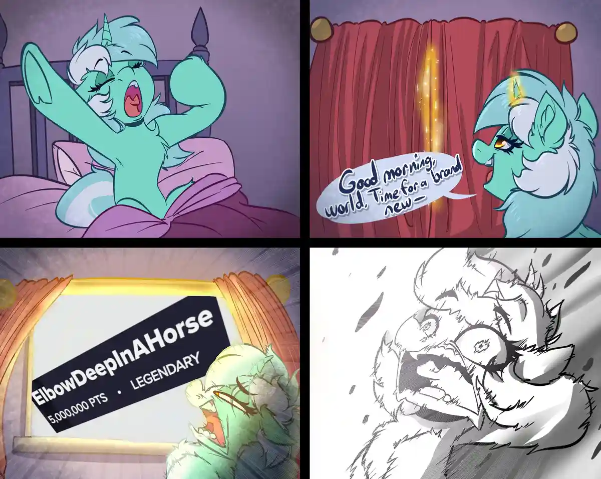 A four-panel comic strip featuring a teal pony with white mane and horn. In the first panel, she stretches in bed. In the…