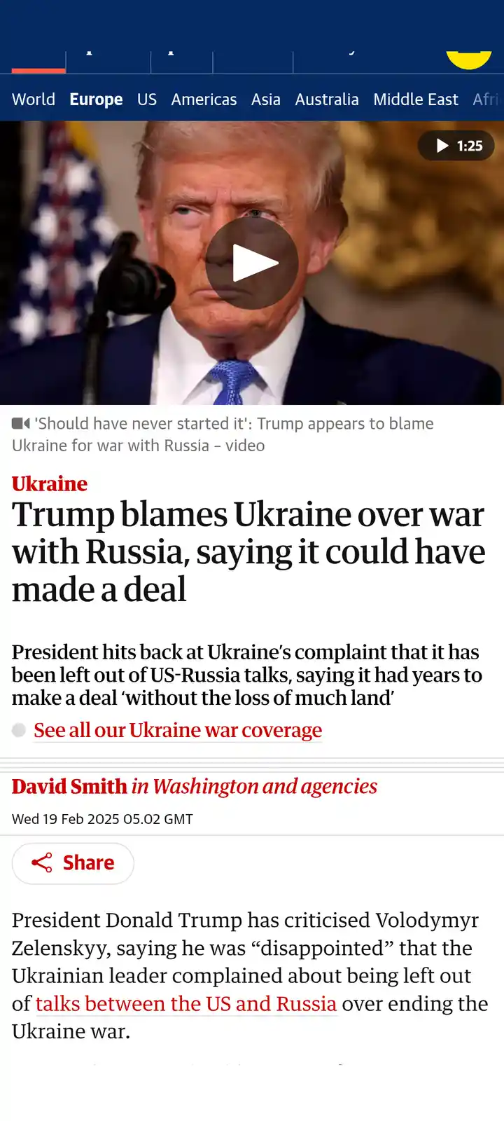A screenshot of a news article shows a video thumbnail of Donald Trump looking serious, with an American flag in the…