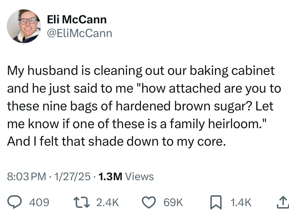 A screenshot of a tweet by Eli McCann showing a humorous domestic situation where her husband is clearing out old baking…
