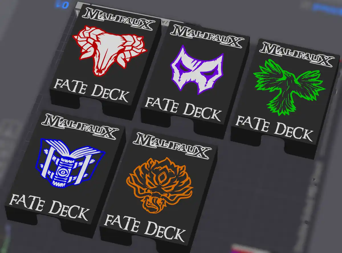 Five black rectangular boxes labeled 'MALIFAX' and 'FATE DECK' are arranged on a gray surface. Each box features a distinct…