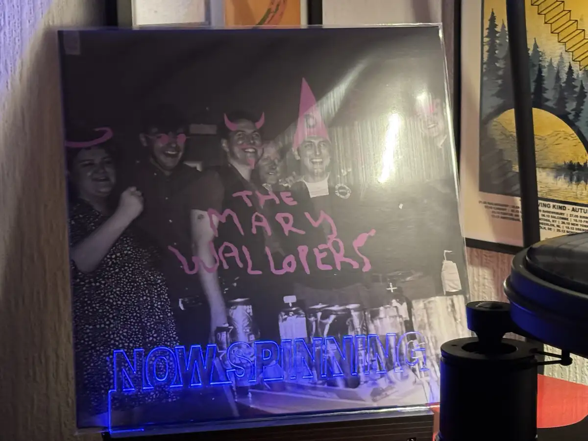 A black-and-white photo of a group of five smiling people wearing pink devil horns, a pink party hat, and pink sunglasses is…
