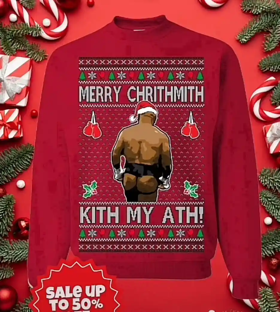 A red ugly Christmas sweater features a cartoon boxer wearing a Santa hat, surrounded by festive patterns and boxing gloves…
