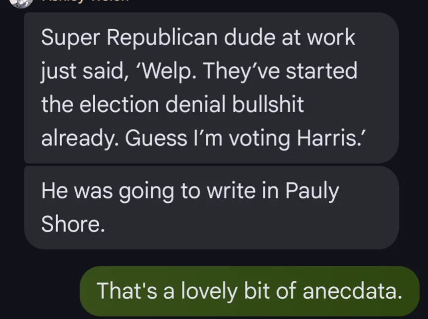 A screenshot of a text message conversation shows a user reporting that a 'super republican dude' at work said he'd vote for…