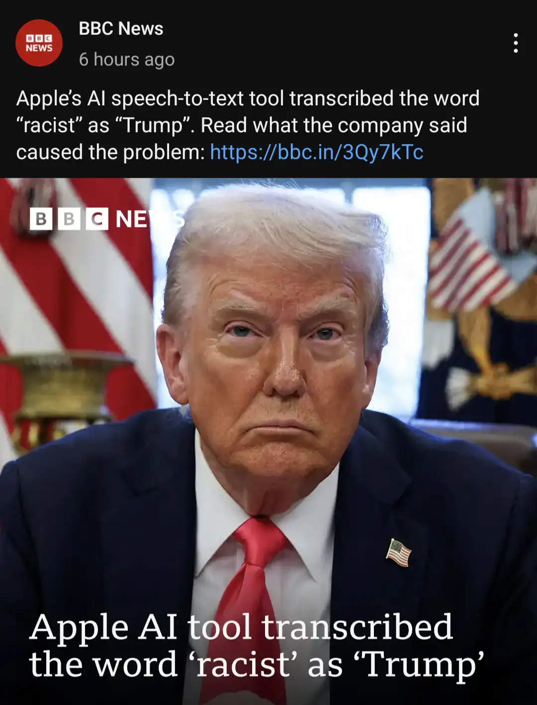 A screenshot of a BBC News article about Apple's AI speech-to-text tool misidentifying 'racist' as 'Trump'. The image…