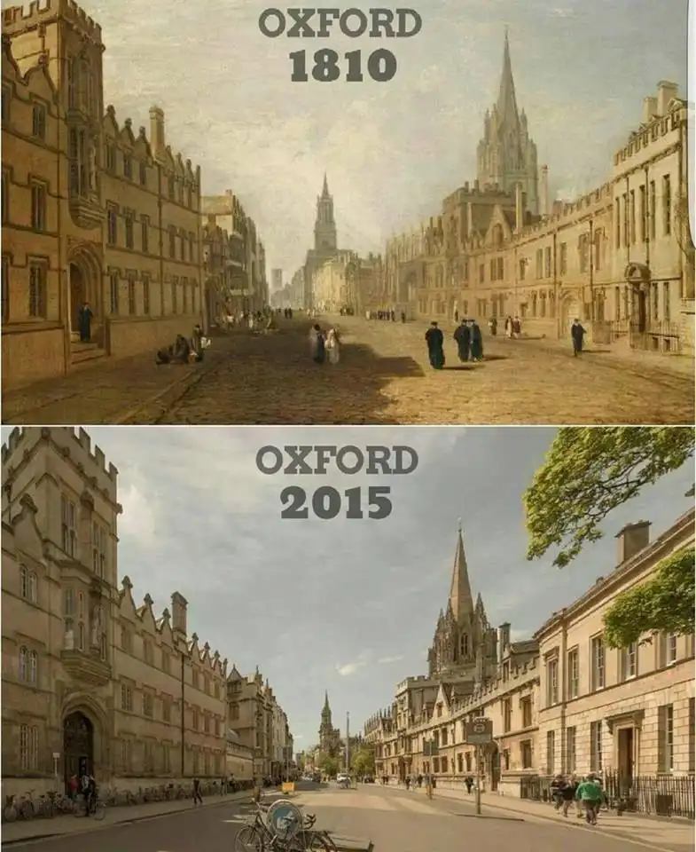 The image is a two-panel meme comparing Oxford, England, in 1810 and 2015. The top panel shows a historical painting of a…