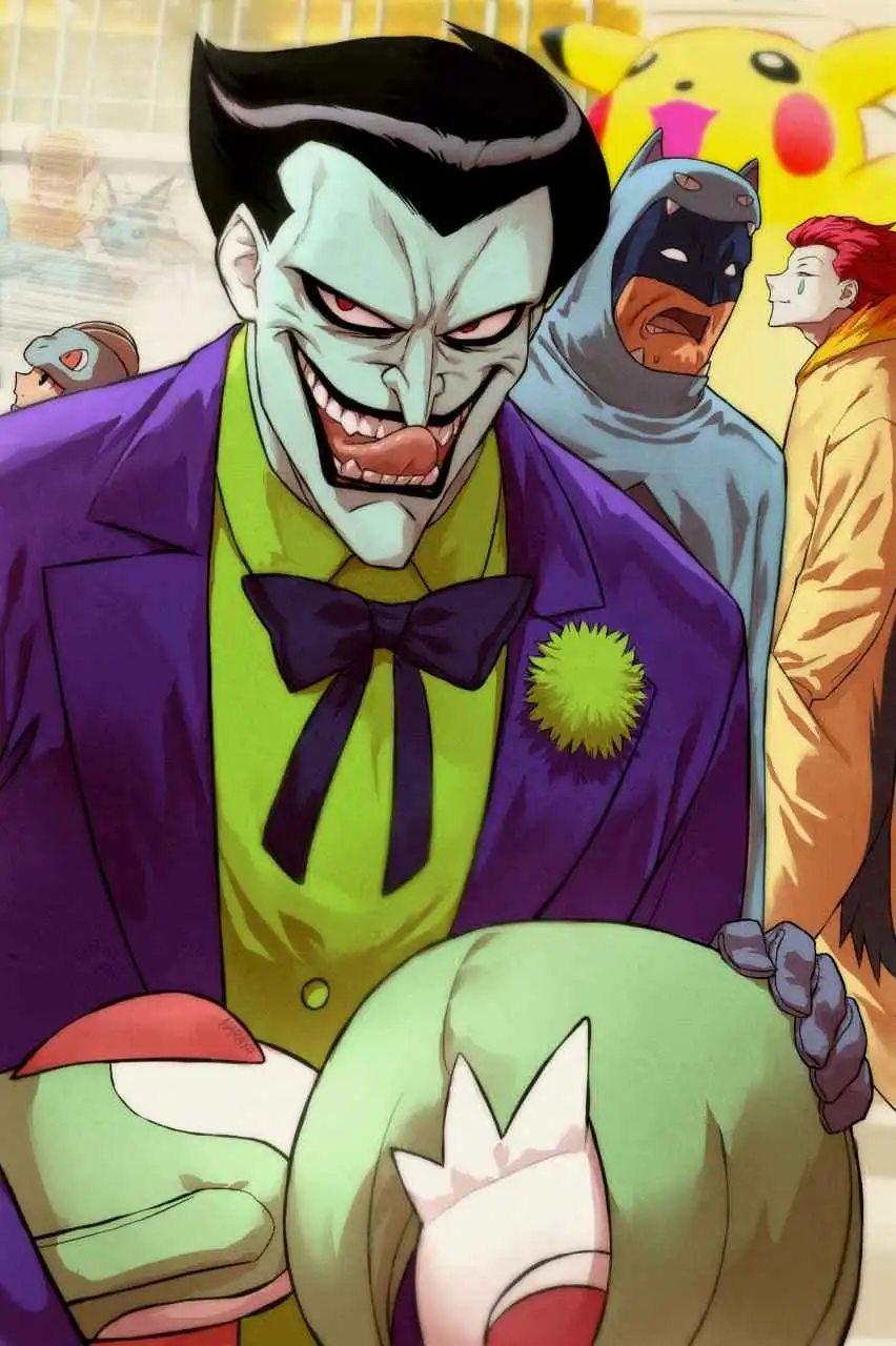 The Joker, in his iconic purple suit and green shirt, grins maniacally while holding a Poké Ball. Behind him, Batman and Red…