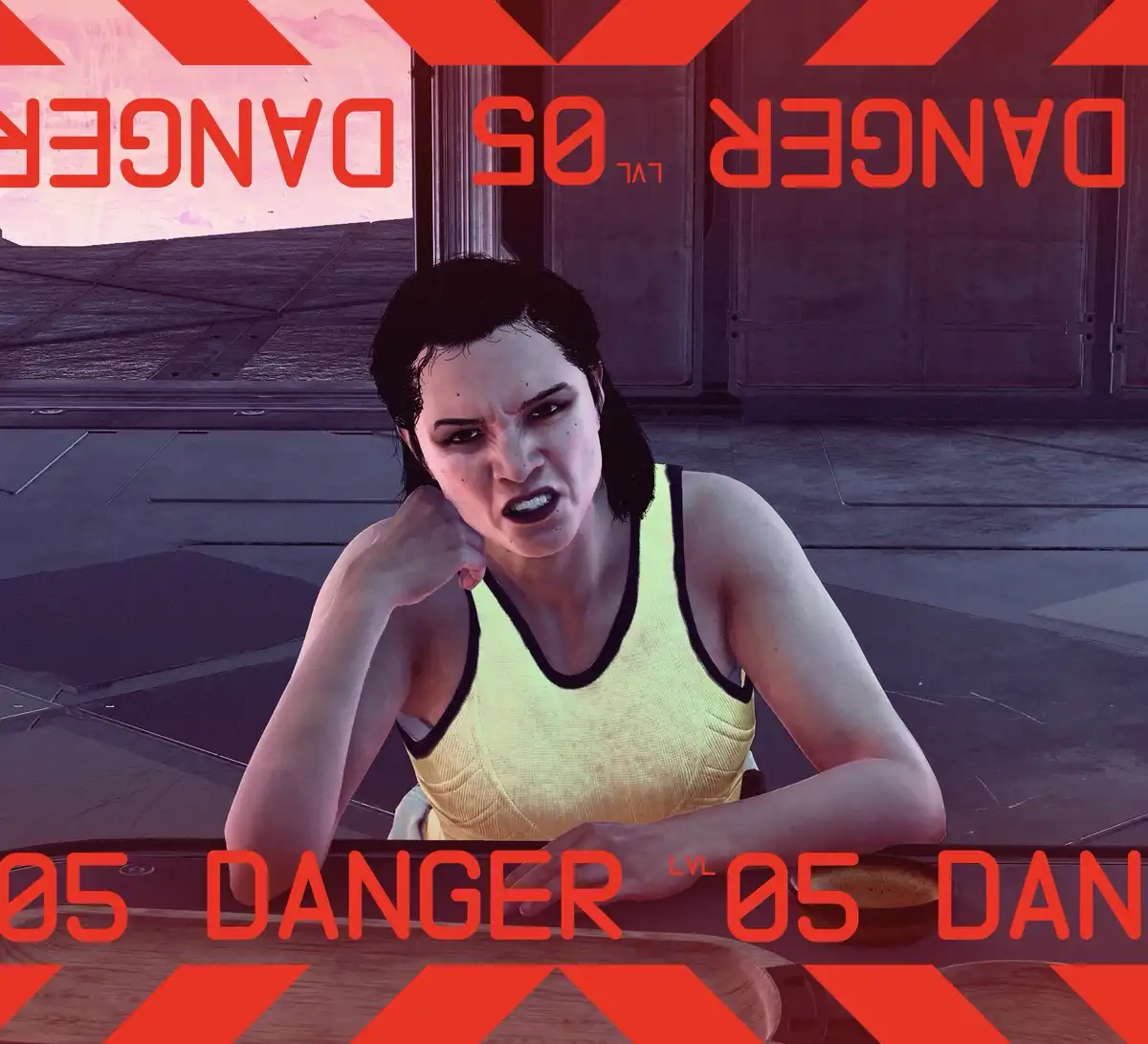 A woman with a furious, scowling expression sits at a table, wearing a yellow tank top. Red warning text reading 'DANGER LVL…