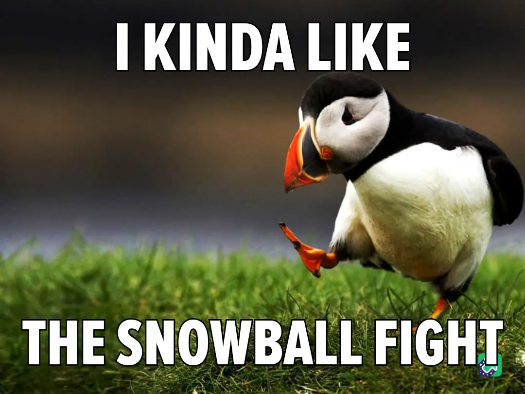 A puffin stands on green grass with a blurred background, looking slightly to the side with one foot lifted. White bold text…