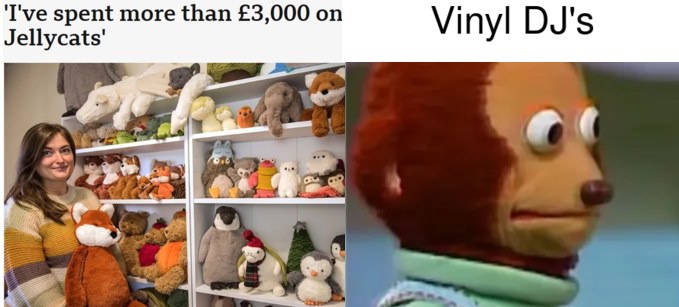 The image is split: left side shows a woman smiling beside shelves overflowing with various Jellycat plush toys, including…