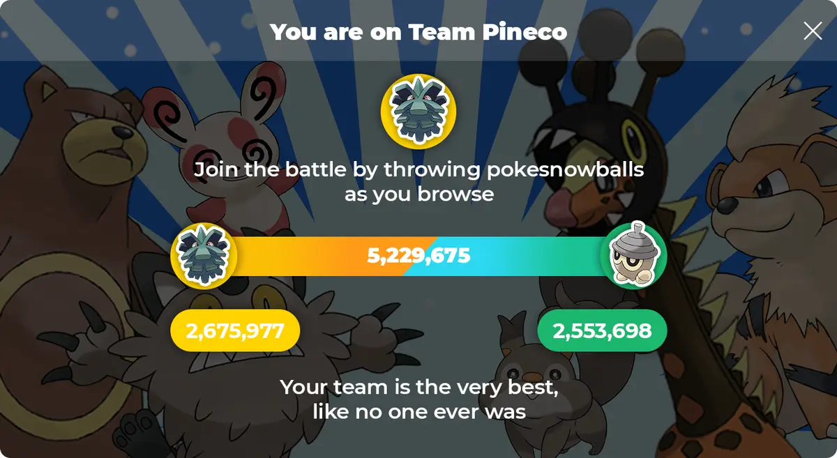 A screenshot from the Pokémon game 'Pokémon Snowball' shows a team selection screen with Team Pineco leading with 5,229,675…