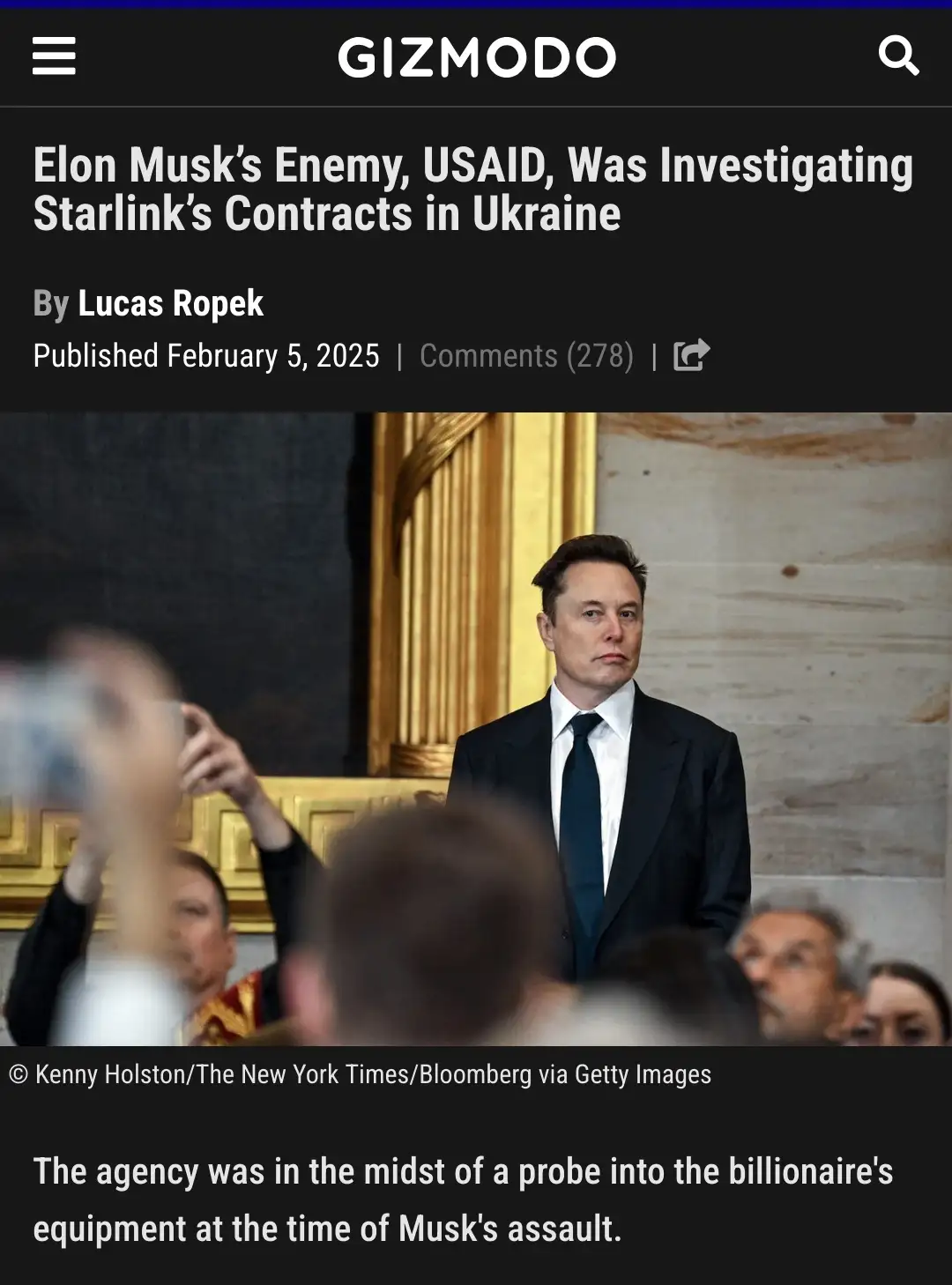 A screenshot of a Gizmodo article shows Elon Musk in a dark suit and tie standing in a formal setting, looking serious. The…