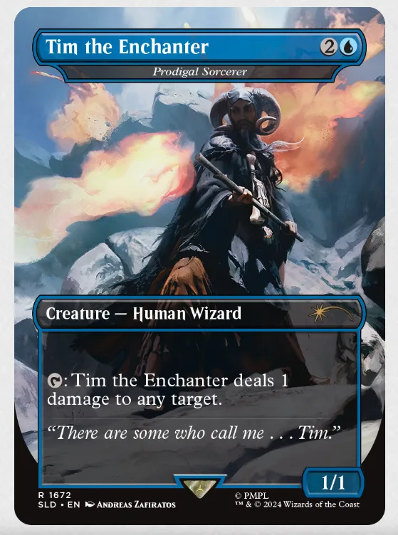 A Magic: The Gathering creature card titled 'Tim the Enchanter', a Human Wizard with a mana cost of 2 blue. The card's…