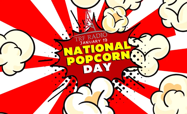A comic-style explosion graphic with red and white radiating lines, filled with cartoon popcorn kernels. Centered text reads…