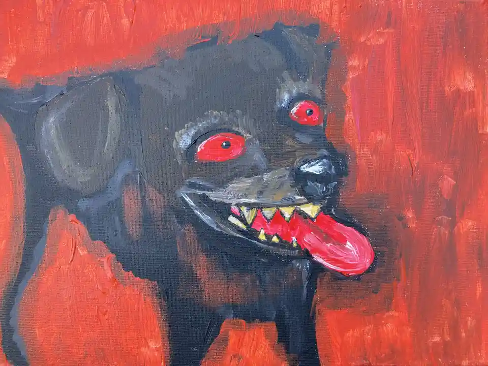 A painted artwork depicts a black dog with glowing red eyes, bared yellow teeth, and a long red tongue against a fiery red…
