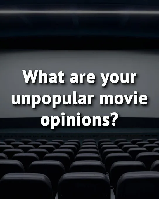 An empty movie theater with rows of dark seats facing a large, blank screen. White text overlaid on the screen asks, 'What…