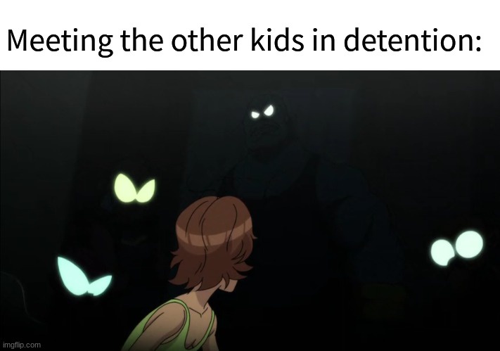 A young girl with brown hair in a green tank top stands in a dark room, facing a towering, shadowy figure with glowing white…