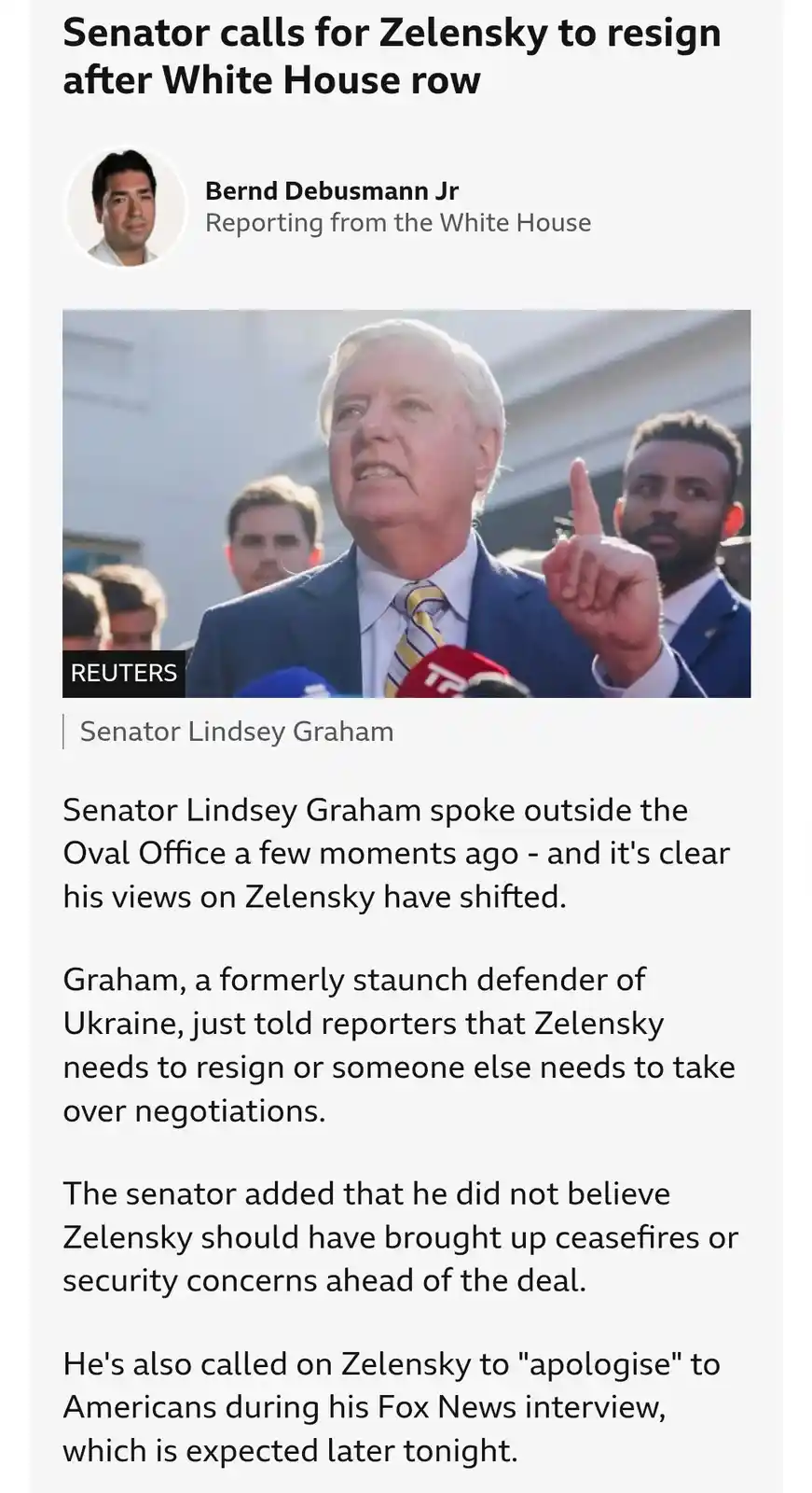 A screenshot of a news article shows Senator Lindsey Graham speaking outdoors, pointing upward with his right index finger…