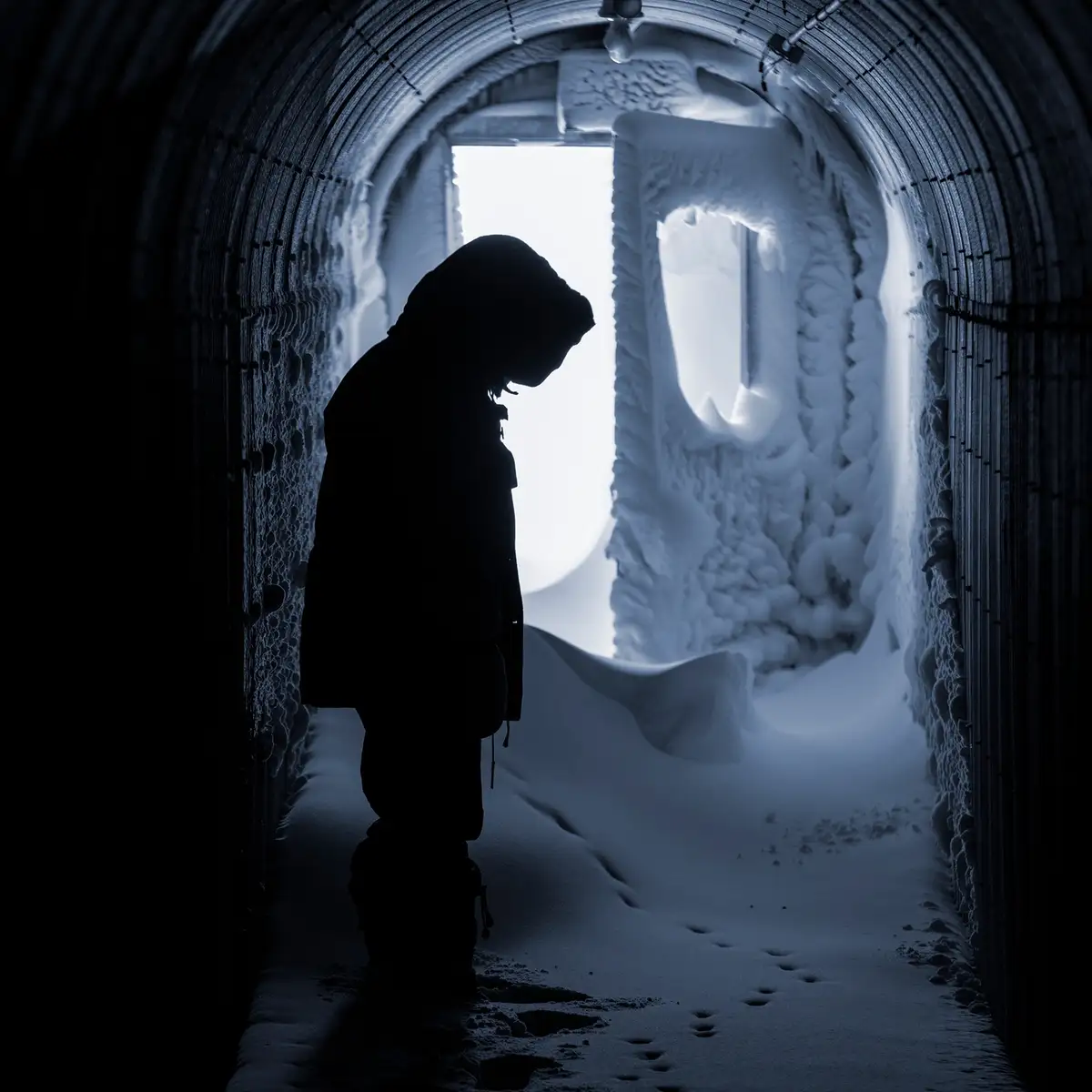 A person in a dark, snowy tunnel with a hood up, looking down at their feet. The tunnel is covered in snow and ice, with a…