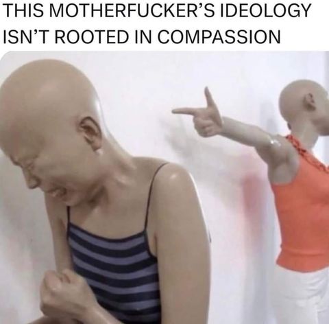 A bald mannequin in a striped tank top is visibly crying with a contorted face, while another bald mannequin in an orange…