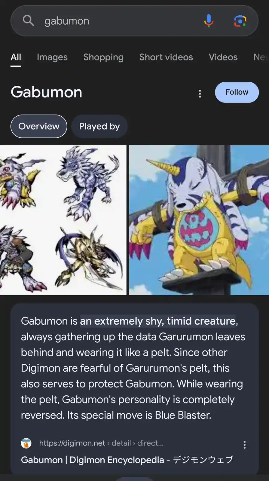 A screenshot of a Google search result for 'Gabumon' shows a Wikipedia-style summary describing it as a shy Digimon that…