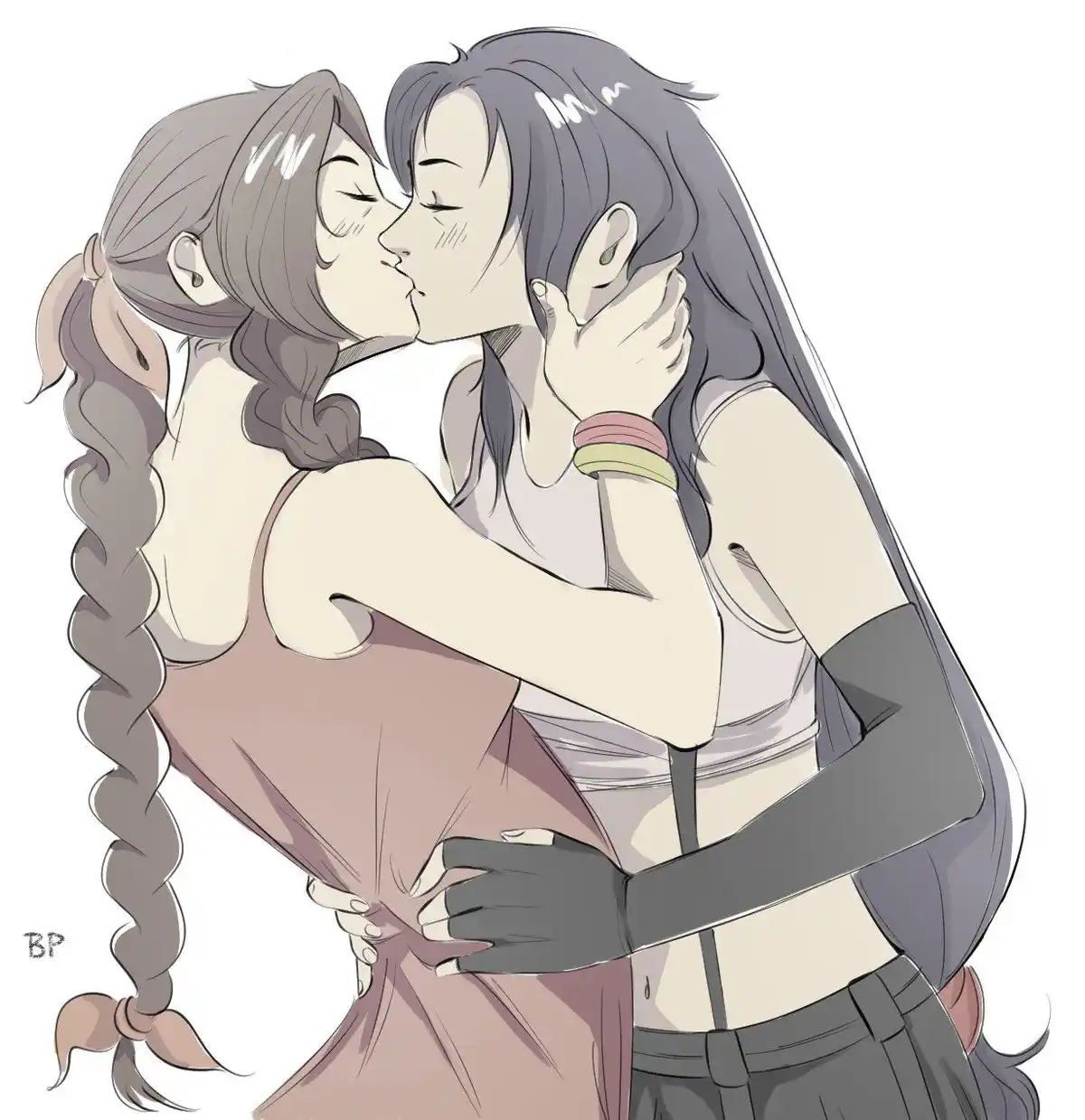 Two anime-style women are shown in a close, affectionate embrace, kissing passionately. The woman on the left has long…