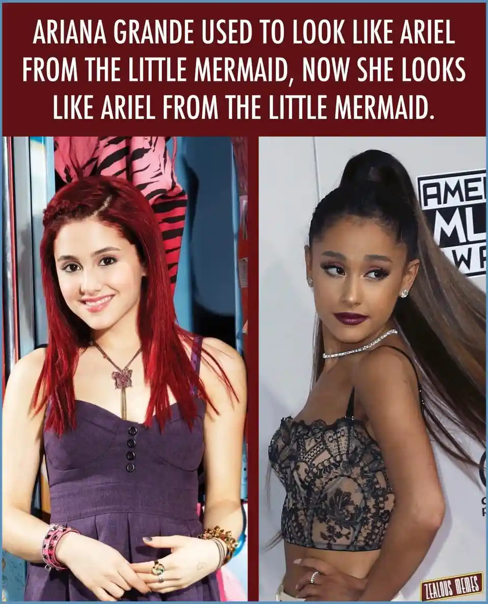 The image displays two side-by-side photos of Ariana Grande. The left photo shows a younger Ariana with red hair, wearing a…