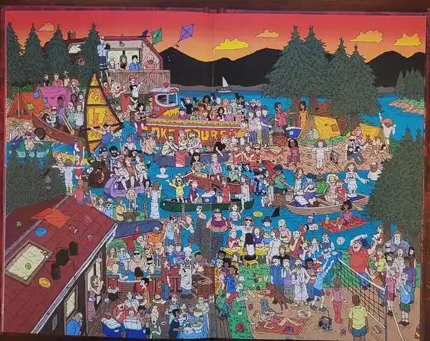 A colorful, densely packed cartoon illustration depicts a chaotic lakeside party with hundreds of people on boats, on shore…