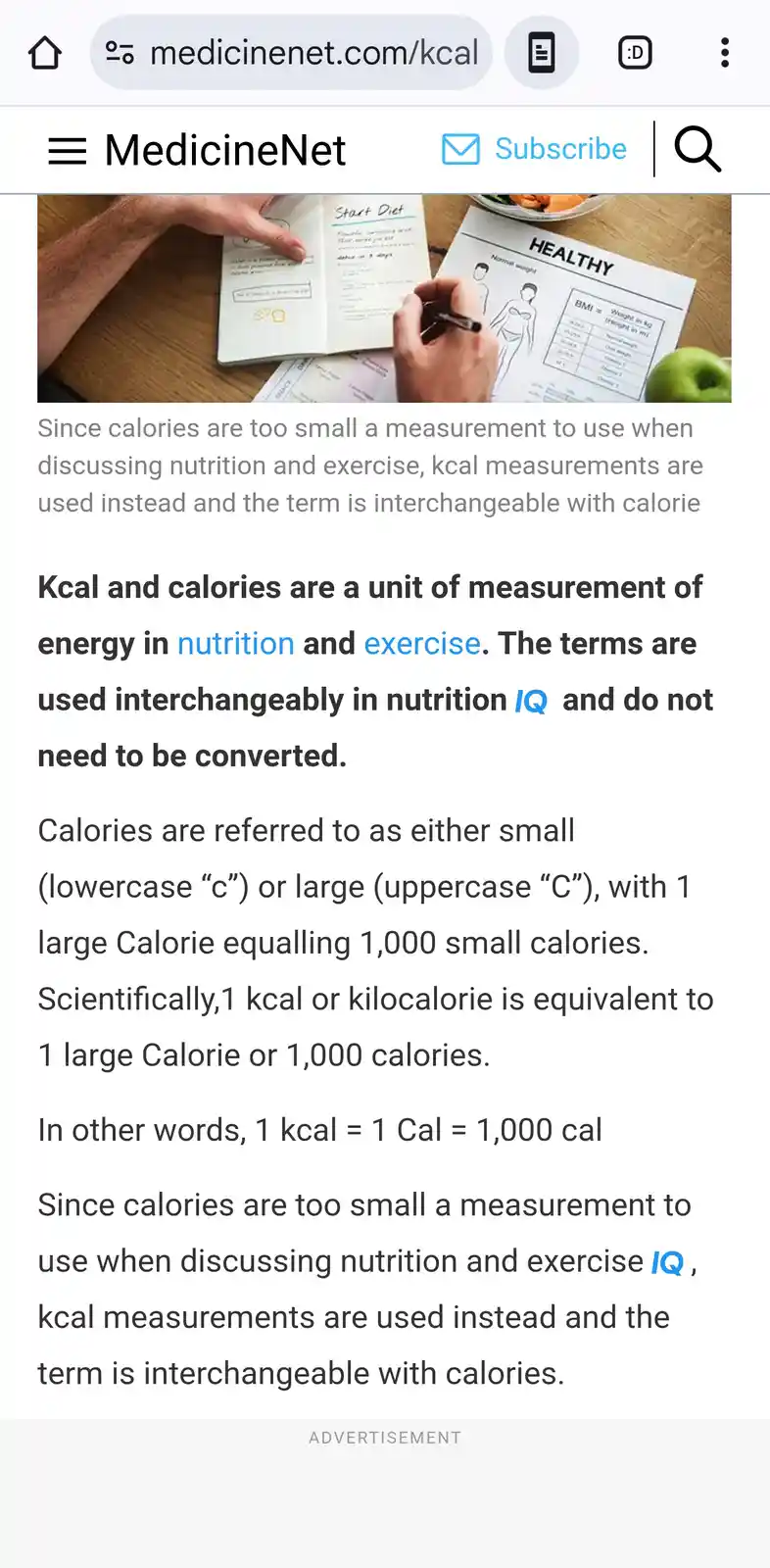 A screenshot of a MedicineNet article about calories and kcal measurements, showing a person writing in a 'Start Diet'…