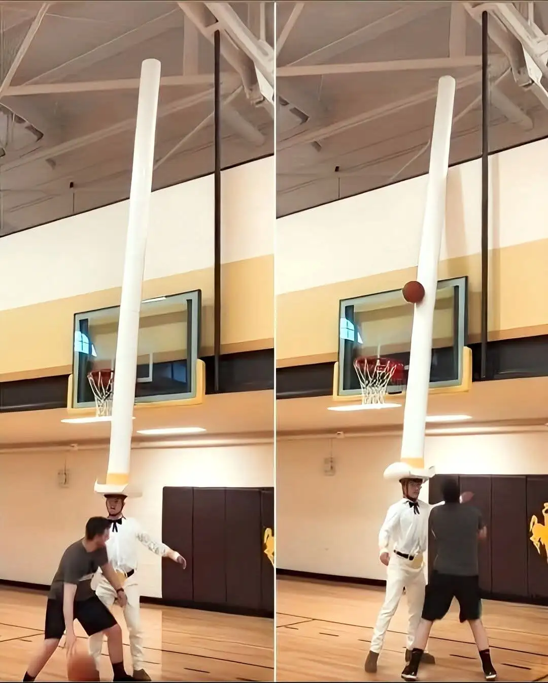 Two side-by-side photos show a man in a cowboy hat and white outfit attempting a basketball shot in a gym. In the first…